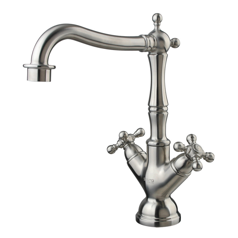 Mitigeur d'évier de cuisine traditionnel - Double poignée - Style victorien-Inox massif brossé