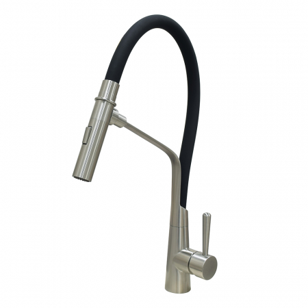 Robinet semi professionnel acier inoxydable avec Ressort flexible et système d’amarrage aimanté, inox brossé et tuyau en silicone noir mat