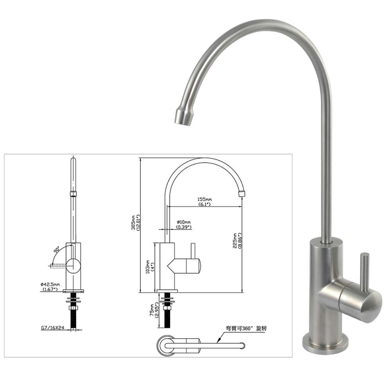 Robinet de filtre à eau RO en inox massif, inox brossé
