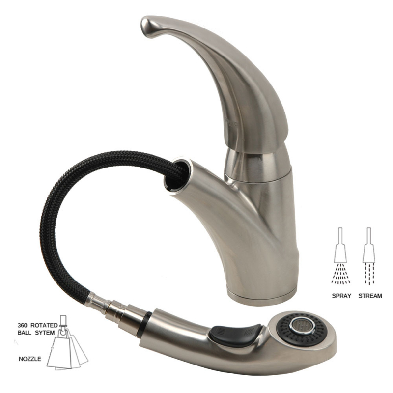 Robinet de cuisine 1 trou avec bec bas tournant avec douchette 2 jets , acier inoxydable massif, inox brossé