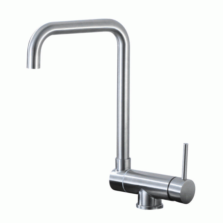 Robinet de cuisine inox avec bec haut rabattable sur la fenêtre