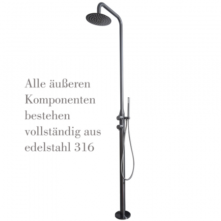 Douche d'extérieur autoportante en acier inoxydable avec eau chaude avec pomme de douche à effet pluie et douchette à main
