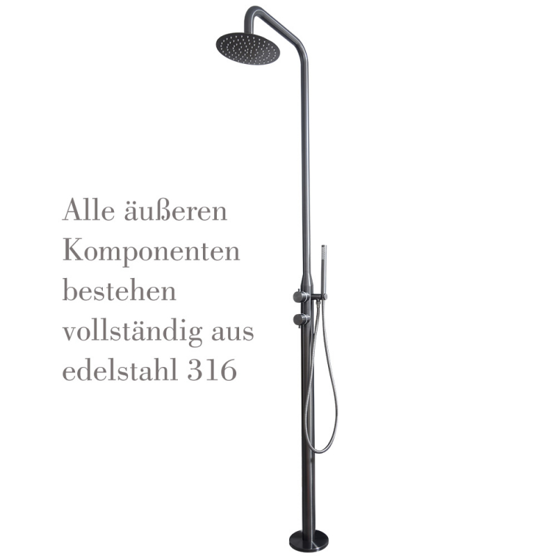 Douche d'extérieur autoportante en acier inoxydable avec eau chaude avec pomme de douche à effet pluie et douchette à main