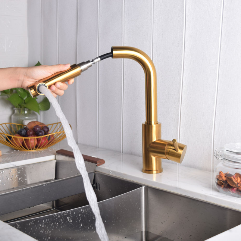 Robinet de cuisine extractible à un trou et une poignée en acier inoxydable,finni laiton brossé