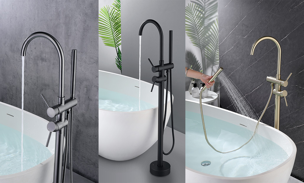 Remplisseur de baignoire autoportant en acier inoxydable avec douchette,a une poignee montage au sol